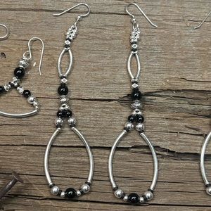 Handmade elegant .925 sterling silver dangle earrings with black onyx beads